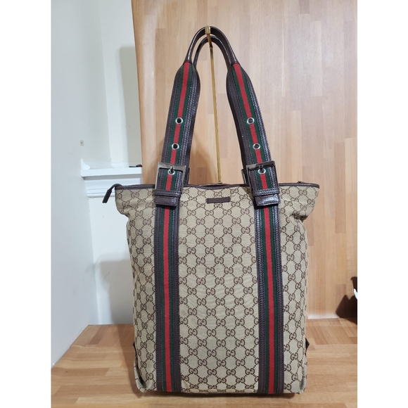 GUCCI GG Monogram Medium Web Handle Vertical Tote Bag Dark Brown - Picture 1 of 11